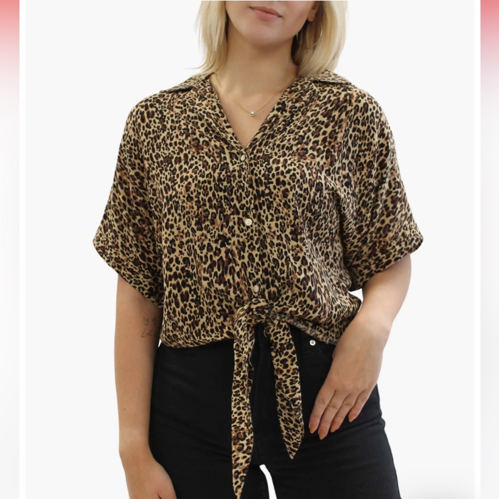 beachlunchlounge Leopard Print Tie-Front Button-Up Top - Brown